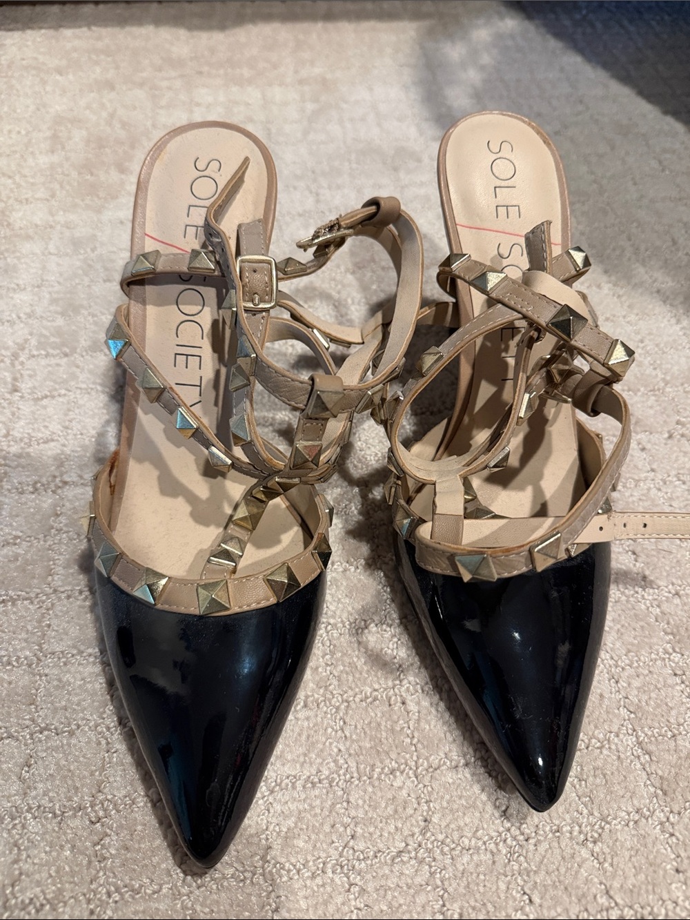 NEVER WORN Sole Society Black Patent Pointed Stud Strap Flats with Tan Straps